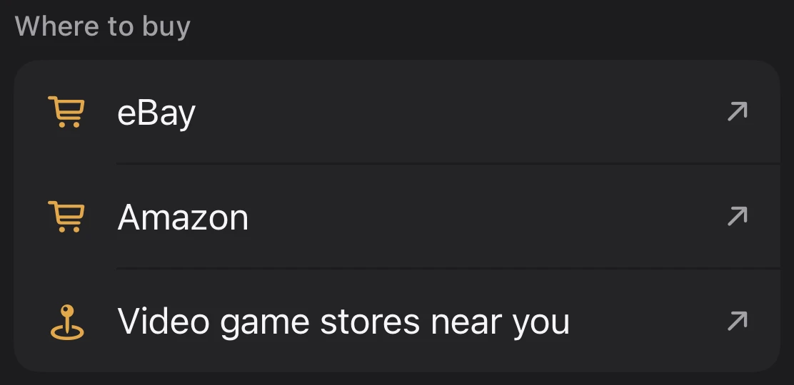 The Where to buy list on a console's result: eBay, Amazon, and Video game stores near you. Each row opens outside the app.